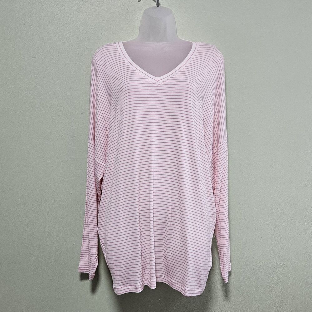 Cabi Women's Shirt Large Pink Striped L/S V-Neck Serenity Tee Cozy Valentine's